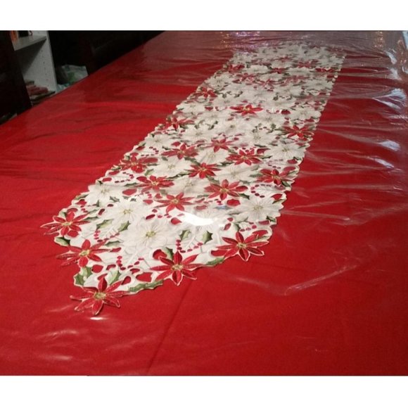 Christmas Table Runner Embroidered Decorative Cloth Poinsettia Holiday Decor 70" - Picture 5 of 5
